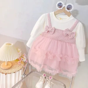 Vestido Doble Capa con Moños Rosa