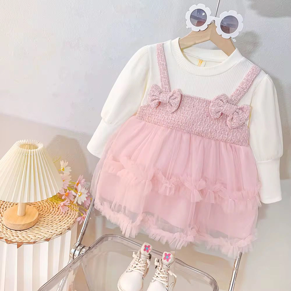 Vestido Doble Capa con Moños Rosa